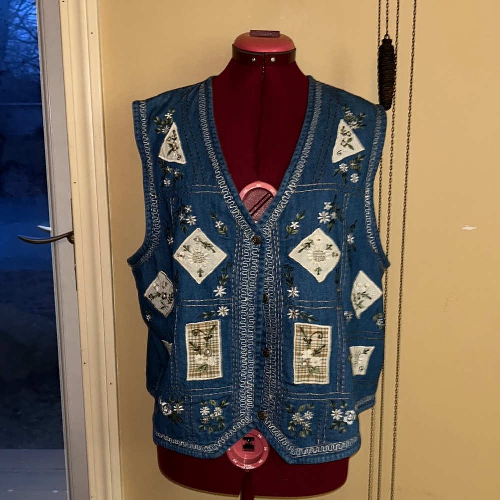Denim vest large gently used non smoking home. Very clean